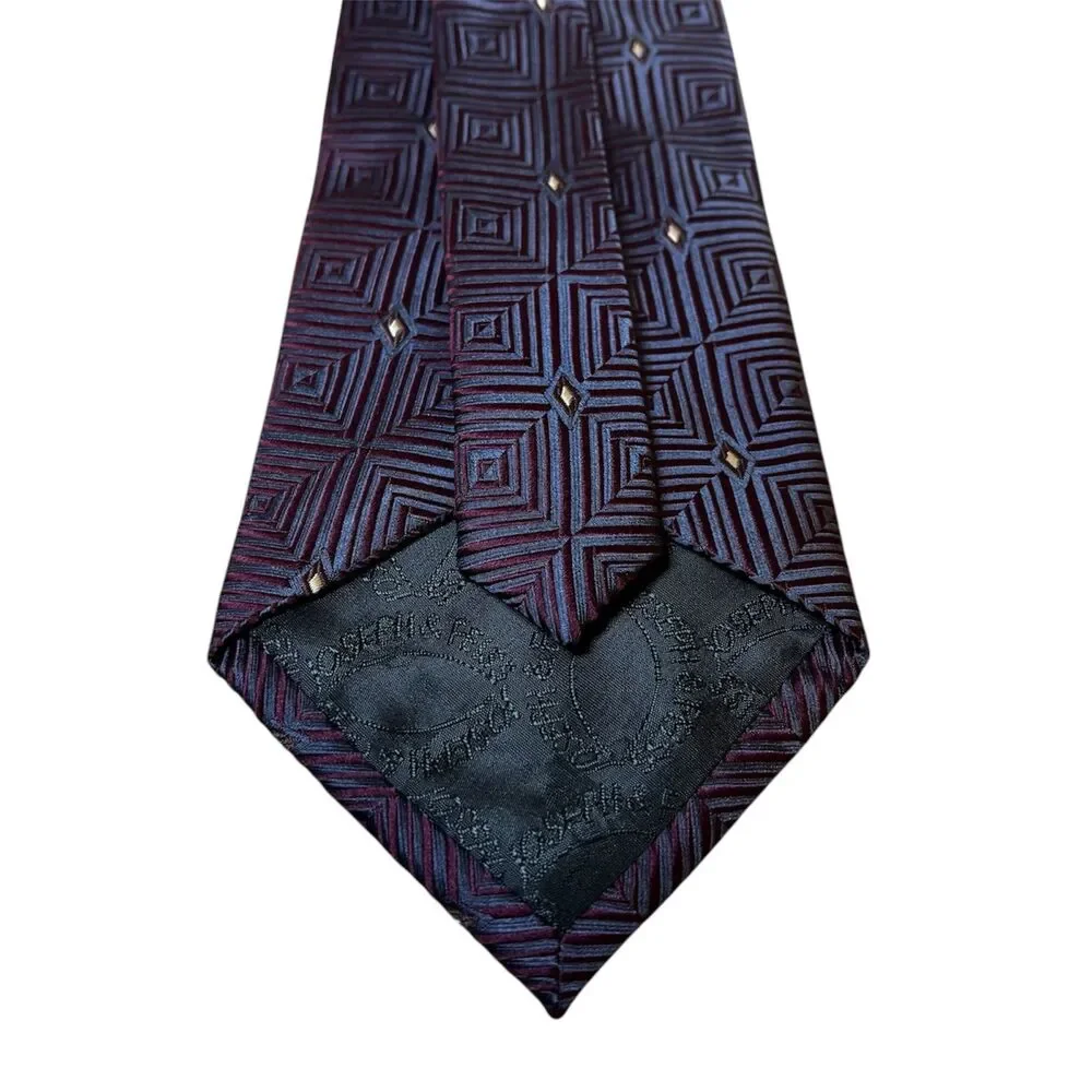 Joseph & Feiss Silk Tie Blue Burgundy Geometric Square Pattern Business Formal